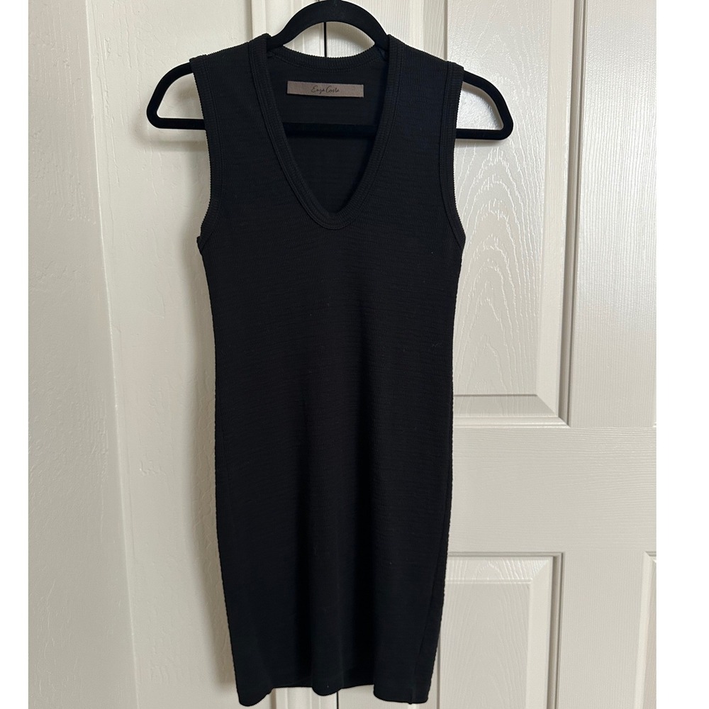 Enza Costa Black Ribbed V-Neck‎ Mini Dress Bodycon S